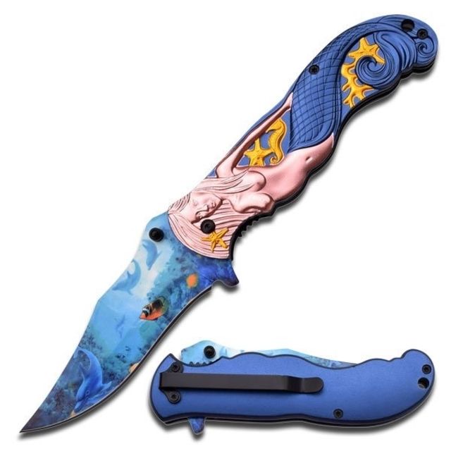 MC Masters Collection Folding Blade 3.8in Stainless Steel Blade Copper Mermaid With Blue Tail On Aluminum Handle - Mc Masters Collection