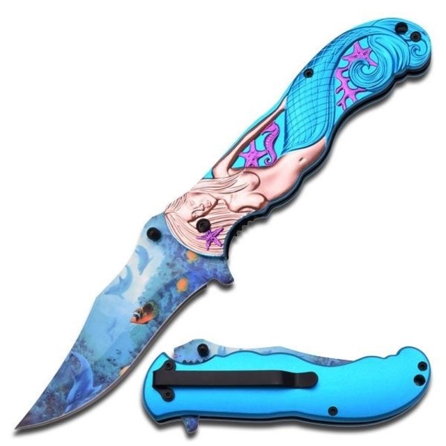 MC Masters Collection Folding Blade 3.8in Stainless Steel Blade Copper Mermaid With Light Blue Tail On Aluminum Handle - Mc Masters Collection