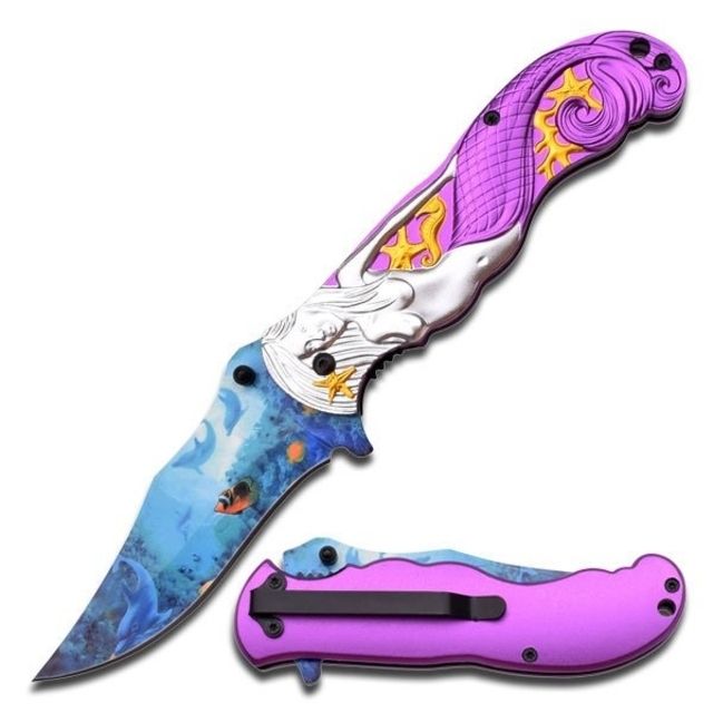 MC Masters Collection Folding Blade 3.8in Stainless Steel Blade Silver Mermaid With Purple Tail On Aluminum Handle - Mc Masters Collection