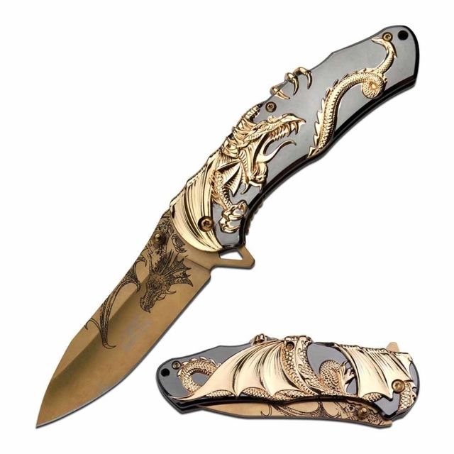 MC Masters Collection  Manual Folding Knife 3.5in 3CR13 Stainless Steel Drop Point Golden Tinite Blade Zink Alloy Handle Gold/Black - Mc Masters Collection