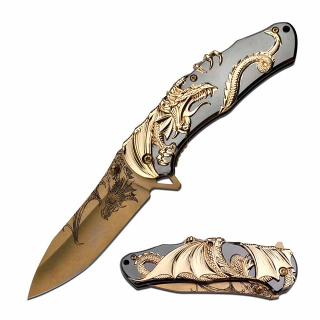 MC Masters Collection  Spring Assisted Knife 3.5in 3CR13 Stainless Steel Drop Point Golden Blade Zink Alloy Handle Gold/Black - Mc Masters Collection