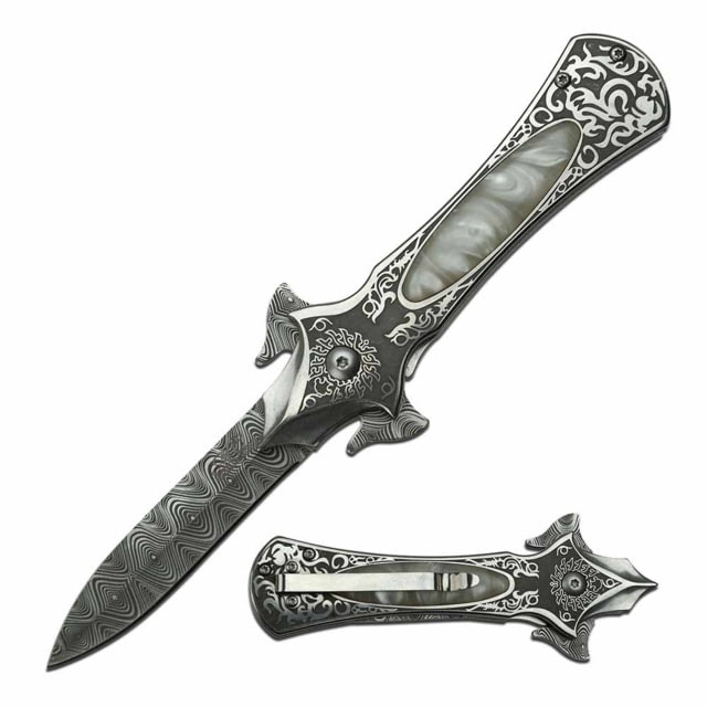 MC Masters Collection  Spring Assisted Knife 2.7in 3CR13 Stainless Steel Dagger Damascus Blade Stainless Steel Handle Gray - Mc Masters Collection
