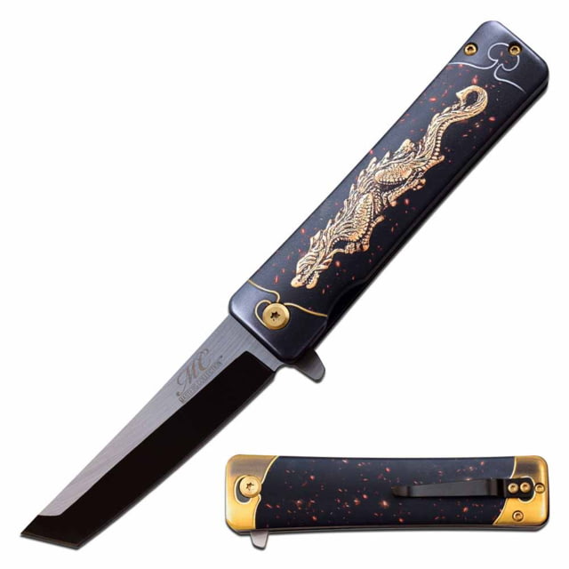 MC Masters Collection  Spring Assisted Knife 3.5in 3CR13 Stainless Steel Tanto Black Blade Aluminum Handle w/ Dragon Printing Black - Mc Masters Collection