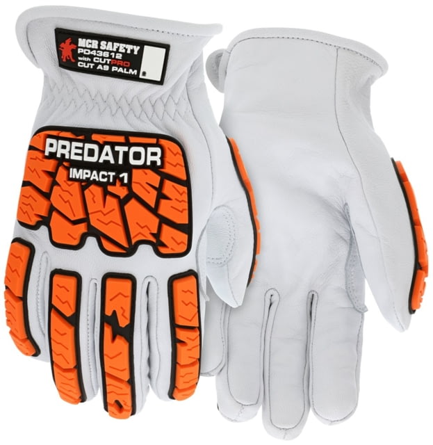 MCR Safety Predator Mechanics Goatskin Leather Drivers Work Gloves Tire Tread TPR on Back Fingers and Thumb Kevlar Cut Resistant Liner White Medium - MCR Safety