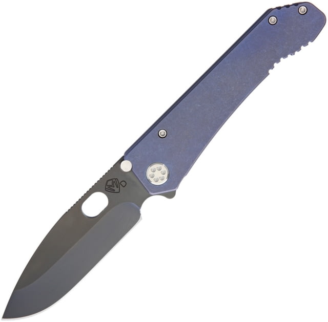 Medford 187 DP Framelock Folding Knife 4.25in Black Pvd Coated D2 Tool Steel Drop Point Blue Anodized Titanium Handle Thumb Pull Thumb Stud Pocket - Medford