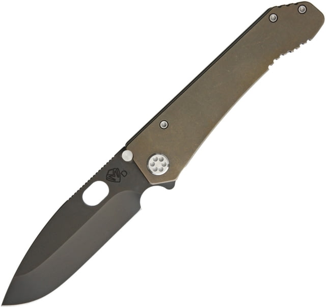Medford 187 DP Framelock Folding Knife 4in Black Pvd Coated D2 Tool Steel Drop Point Bronze Anodized Titanium Handle OD Green Plastic Storage Case - Medford