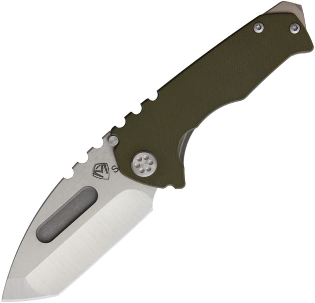 Medford Praetorian Genesis Framelock Folding Knife 3.5" tumbled finish S35VN stainless tanto blade OD green G10 handle with tumbled titanium back han - Medford