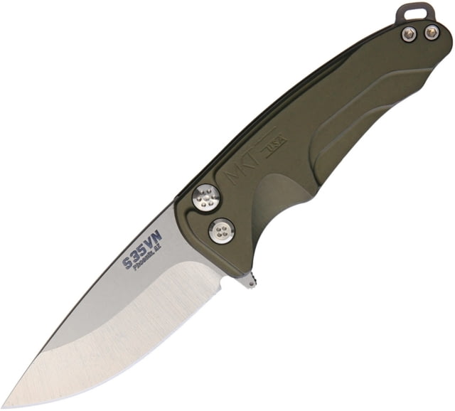 Medford Smooth Criminal Button Lock Folding Knife 3in Tumbled Finish S35Vn SS Blade Green Anodized Aluminum Handle Pocket Clip - Medford