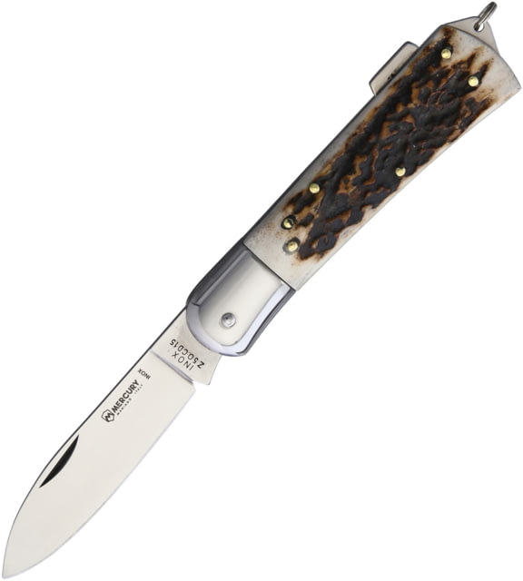 Mercury Hunting Lockback Folding Knife 3" mirror finish Z50CD15 stainless spear point bla Stag handle MY - Mercury