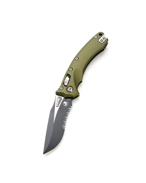 Microtech Amphibian S/E Fluted Apocalyptic Partial Serrated 3.875in Folding Knife Manual Folder OD Green - Microtech