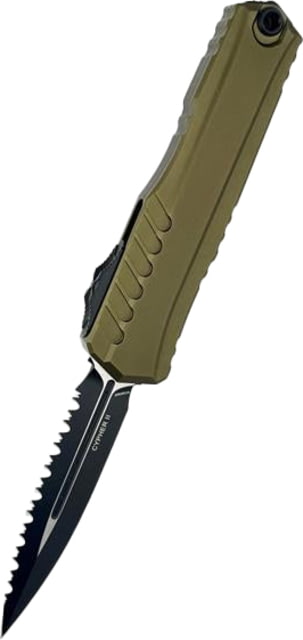 Microtech Cypher II D/E Black Full Serrate 3.55in Folding Knife Od Green - Microtech