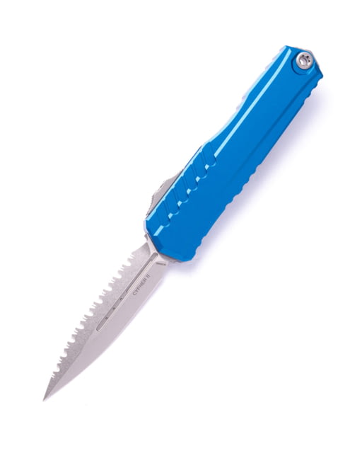Microtech Cypher II D/E Stonewash Full Serrate Automatic Folding Knife 3.55in M390MK Steel Blue - Microtech
