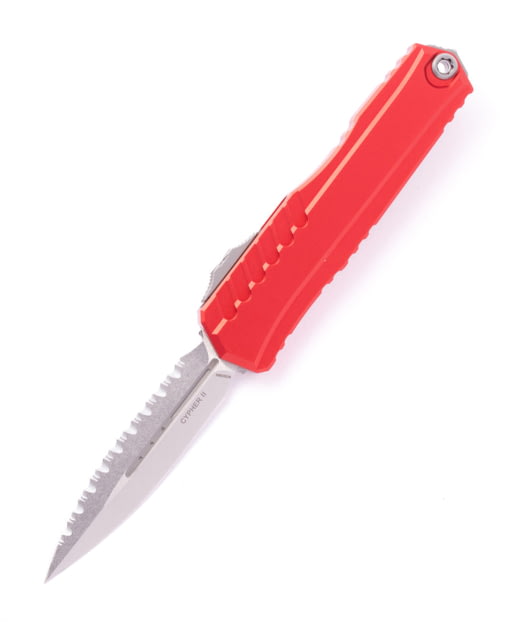 Microtech Cypher II D/E Stonewash Full Serrate Automatic Folding Knife 3.55in M390MK Steel Red - Microtech