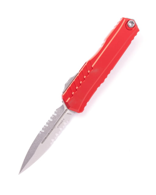 Microtech Cypher II D/E Stonewash Part Serrate Automatic Folding Knife 3.55in M390MK Steel Red