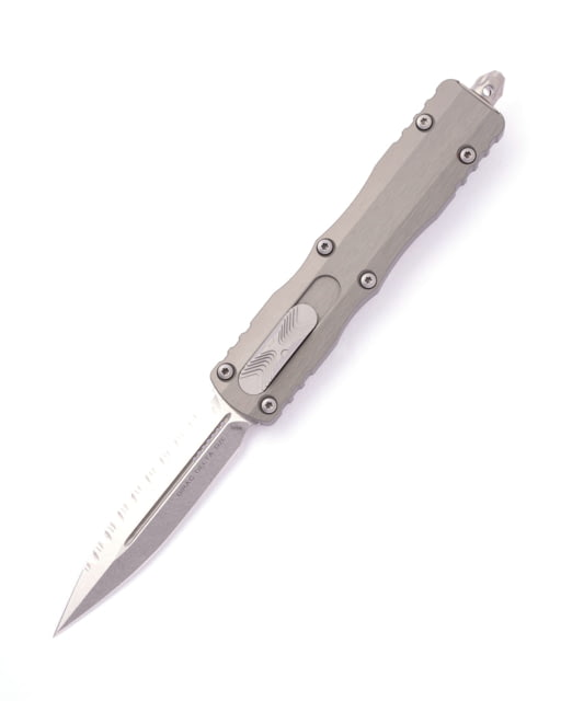Microtech Dirac Delta D/E Stonewash Full Serrate 3.8in Automatic Folding Knife Natural Clear