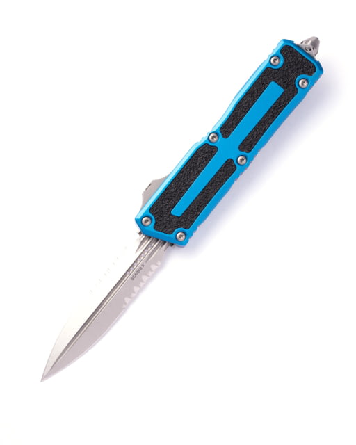 Microtech Scarab II Gen III D/E Stonewash Part Serrate 3.95in Automatic Folding Knife Double-Action OTF Blue - Microtech