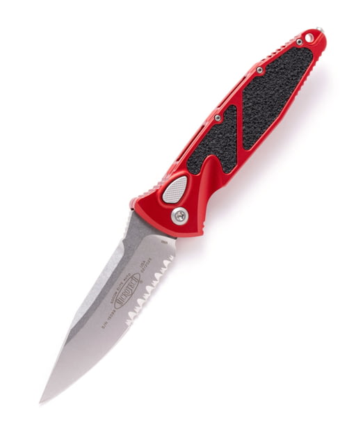 Microtech Soc Elite S/E-A Stonewash Part Serrated 4.05in Automatic Folding Knife Automatic Folder Red - Microtech