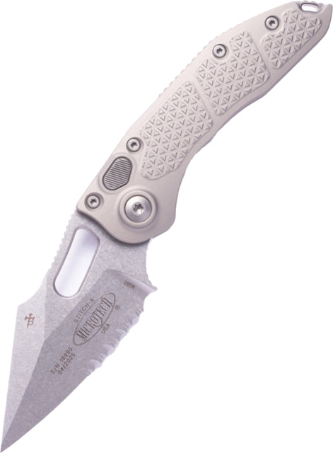 Microtech Stitch Auto S/E Stonewash Part Serrate 3.75in Folding Knife Natural Clear - Microtech