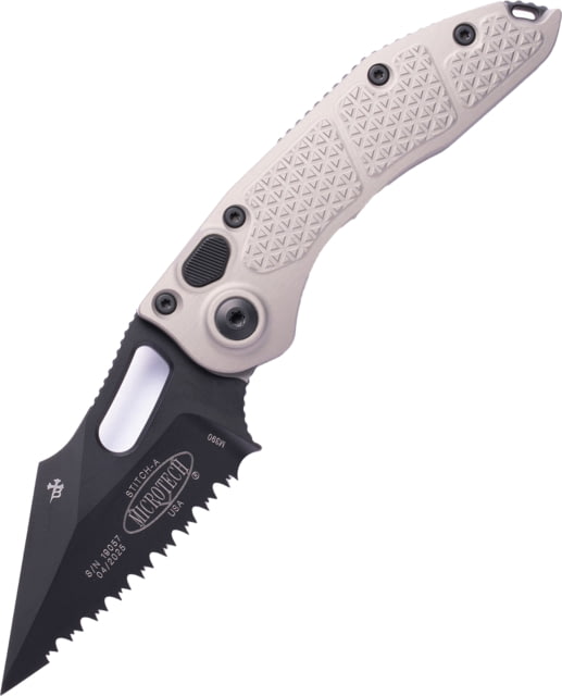 Microtech Stitch Black Full Serrate 3.75in Folding Knife Natural Clear - Microtech