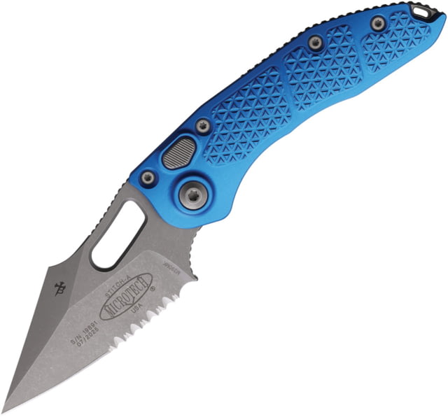 Microtech Stitch S/E Apocalyptic Automatic Folding Knife 3.75in Partially Serrated Spear Point Blade Blue Handle - Microtech