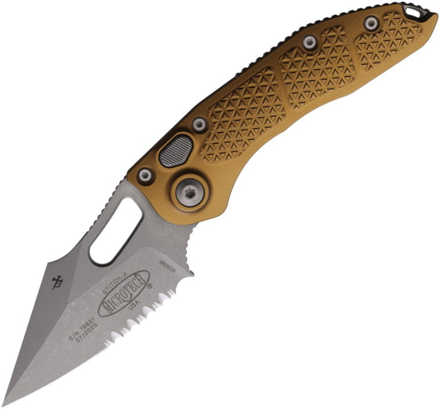 Microtech Stitch S/E Apocalyptic Automatic Folding Knife 3.75in Partially Serrated Spear Point Blade Tan Handle - Microtech
