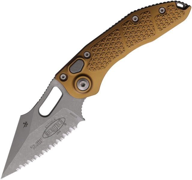 Microtech Stitch S/E Apocalyptic Folding Knife 3.75in Fully Serrated Spear Point Blade Tan Handle - Microtech