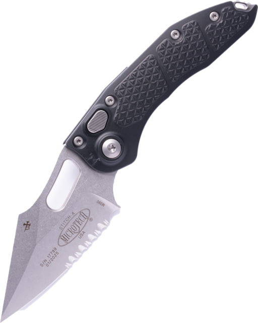 Microtech Stitch S/E Stonewash Part Serrate 3.75in Folding Knife Black - Microtech