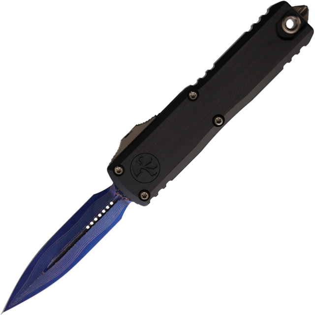 Microtech UTX-85 Gen III Double Edge Marfione 3.125in Automatic Folding Knife Heted Alloy Bronzed Select Blued Baker Forge Coppermai Damascus - Microtech