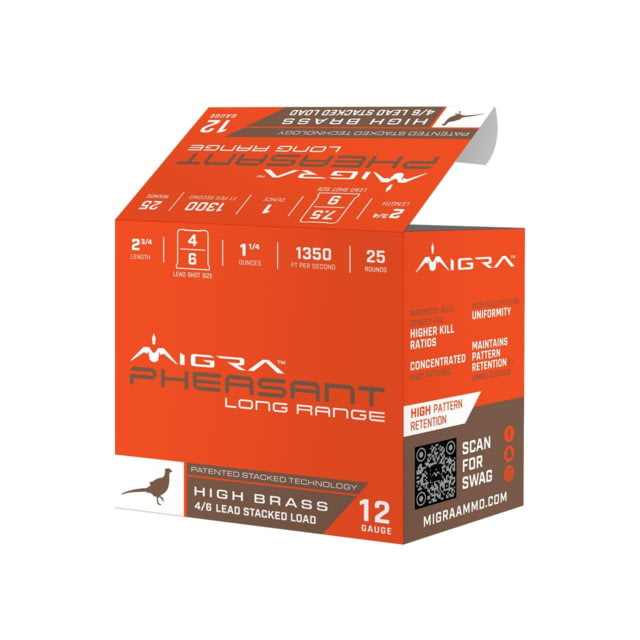 Migra Ammunitions LLC Migra Pheasant Long Range Shotshells 12ga 2-3/4 1-1/4oz 1350 Fps #4 & #6 25/ct ra Ammunitions LLC Migra Pheasant Long Range Shotshells 12ga 2-3/4 1-1/4oz 1350 Fps #4 & #6 25/ct Ammo