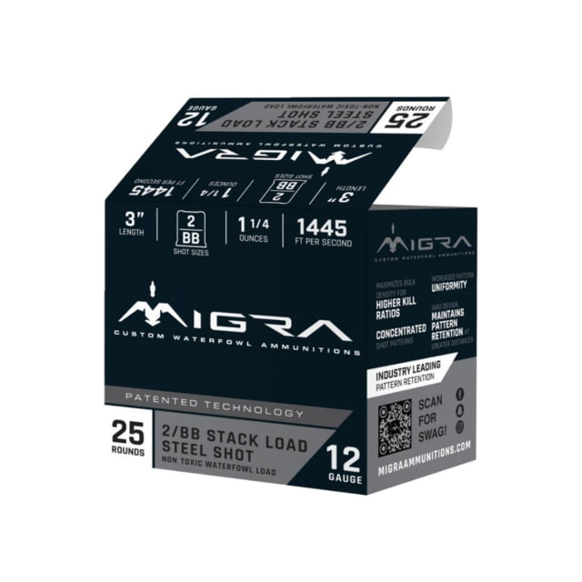 ra Ammunitions LLC Migra Steel Waterfowl Stacked Shotshell 12ga 3 1-1/4 Oz 1445 Fps #2 & BB 25/ct Ammo