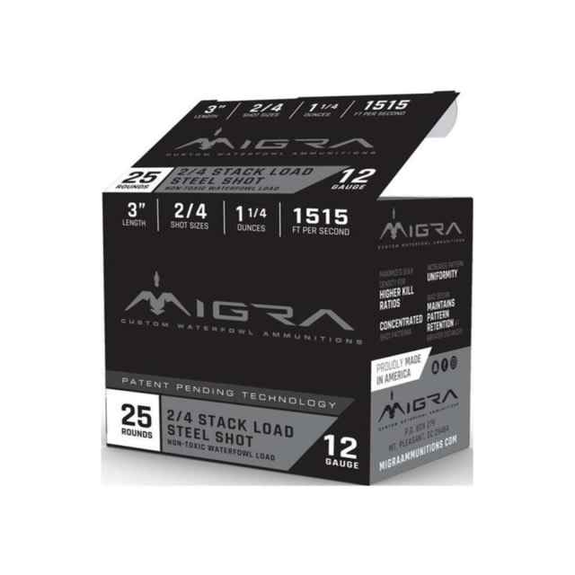 ra Ammunitions LLC Migra Steel Waterfowl Stacked Shotshell 12ga 3 1-1/4 Oz 1515 Fps #2 & #4 25/ct Ammo