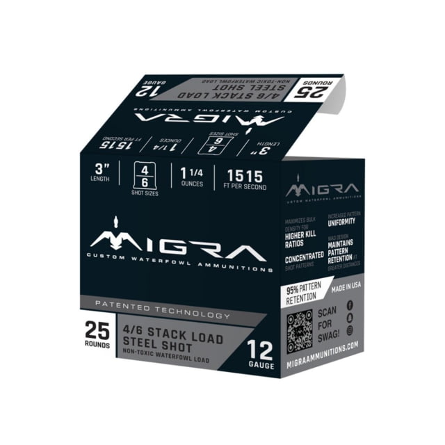 Migra Ammunitions LLC Migra Steel Waterfowl Stacked Shotshell 12ga 3 1-1/4 Oz 1515 Fps #4 & #6 25/ct ra Ammunitions LLC Migra Steel Waterfowl Stacked Shotshell 12ga 3 1-1/4 Oz 1515 Fps #4 & #6 25/ct Ammo