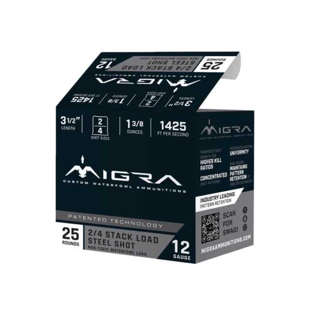 Migra Ammunitions LLC Migra Steel Waterfowl Stacked Shotshells 12ga 3.5 1-3/8oz 1425 Fps #2 & #4 25/ct ra Ammunitions LLC Migra Steel Waterfowl Stacked Shotshells 12ga 3.5 1-3/8oz 1425 Fps #2 & #4 25/ct Ammo