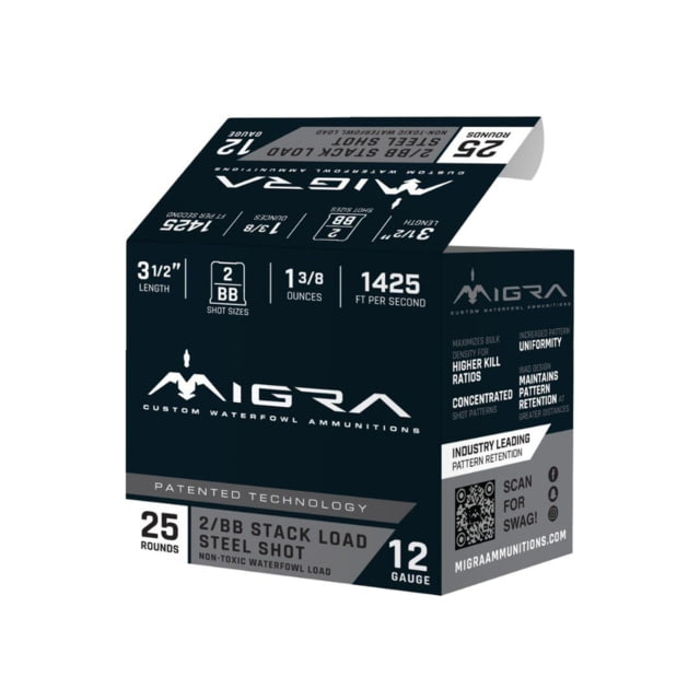 Migra Ammunitions LLC Migra Steel Waterfowl Stacked Shotshells 12ga 3.5 1-3/8oz 1425 Fps #2 & #BB 25/ct ra Ammunitions LLC Migra Steel Waterfowl Stacked Shotshells 12ga 3.5 1-3/8oz 1425 Fps #2 & #BB 25/ct Ammo