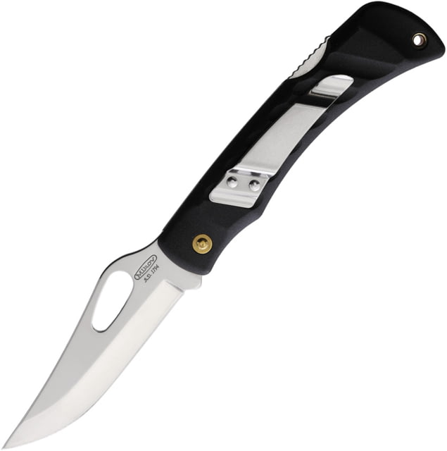 Mikov Crocodile Black Folding Knife 4.75in Closed 3.75in Mirror 420 Stainless Clip Point Blade Black Plastic Handle - Mikov