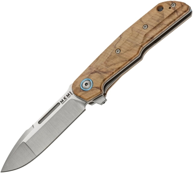 MKM Clap Linerlock Lionsteel Folding Knife 3in Satin Bohler M390 SS Drop Point Olive Wood Handle Black Nylon Zippered Case - Mkm