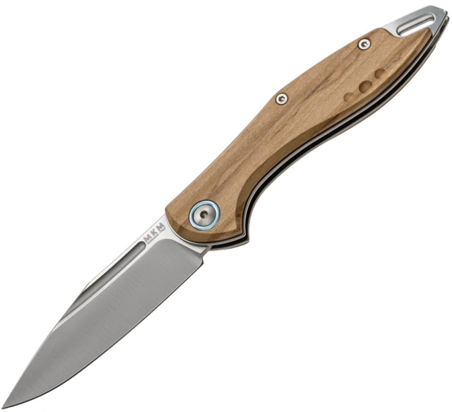 MKM Fara Slip Joint Mercury Folding Knife 3in Satin Bohler M390 SS Blade Olive Wood Handle Slip Joint By Mercury SS Spacer Black Leather Pouch - Mkm