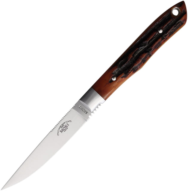 Moki Bird & Trout 2.0 Bone Knife 7.13in Overall 3.25in Satin AUS-8 Stainless Steel Blade Brown Jigged Bone Handle Brown Leather Belt Sheath - Moki