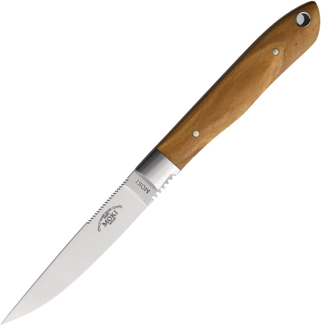Moki Bird & Trout 2.0 Olive Knife 7.13in Overall 3.25in Satin AUS-8 Stainless Steel Blade Olive Wood Handle Brown Leather Belt Sheath - Moki