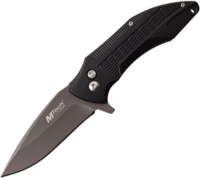 Mtech Button Lock Folding Knife 3.25in Gray Titanium Coated SS Drop Point Black Textured Aluminum Handle Pocket Clip