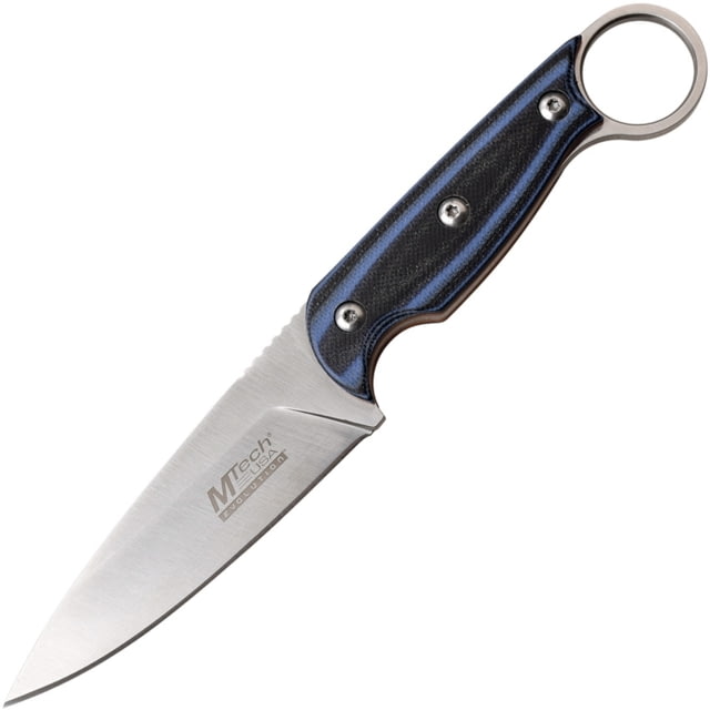 Mtech Evolution Knife 8in Overall 3.75in Satin 8Cr13Mov SS Drop Point Black/Blue G10 Handle Finger Ring Black Kydex Sheath - Mtech
