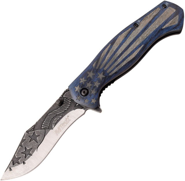 Mtech Flag Linerlock A/O Blue Folding Knife 3.5" two-tone finish 3Cr13 stainless blade Blue pakkawood handle
