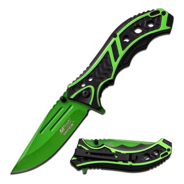Mtech Folding Blade 3.5in Stainless Steel Blade Aluminum Two Color Green And Black Anodized Handle - Mtech