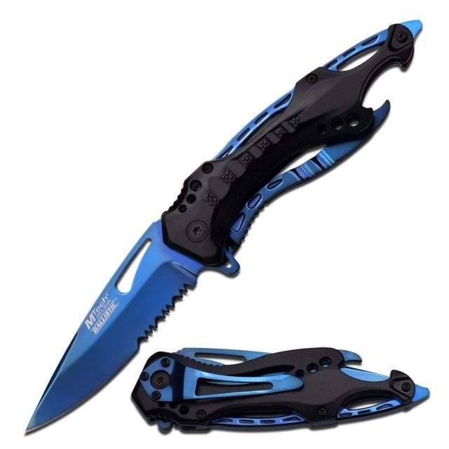 Mtech Folding Blade 3.75in Stainless Steel Blade Black And Blue Titanium Coated Aluminum Handle - Mtech