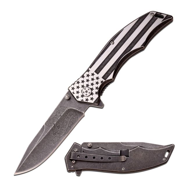 Mtech Folding Blade 3.75in Stainless Steel Blade Brush/Stonewash 2 Tone Finish Us Flag Stainless Steel Handle - Mtech