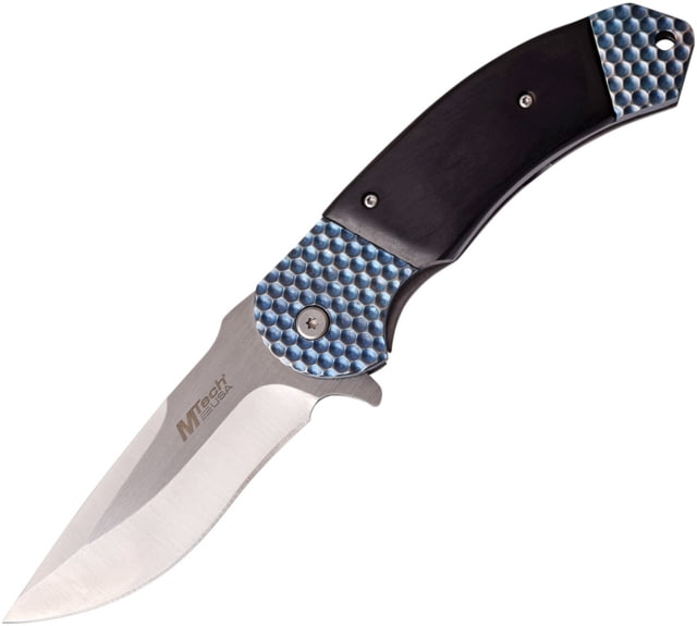 Mtech Framelock A/O Folding Knife Framelock A/O 4.75in Closed 3.75in Satin SS Drop Point Blue Titanium Coated And Black Pakkawood Front Handle With