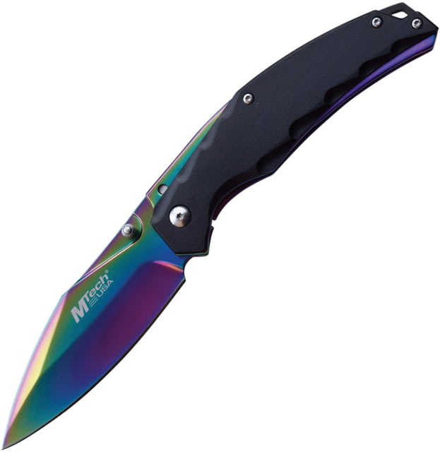 Mtech Framelock A/O Spectrum Folding Knife 3.75" spectrum TiNi coated stainless blade Black synthetic handle with spectrum stainless bac