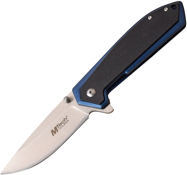 Mtech Framelock Blue Folding Knife 3.25in Satin 3Cr13 SS Drop Point Blue Tini Finish SS Handle With Black G10 Onlay Thumb Stud Pocket Clip - Mtech