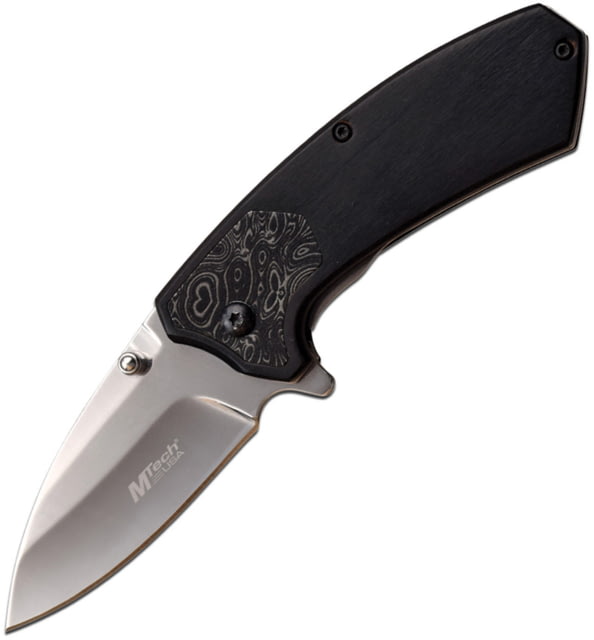 Mtech Linerlock A/O Black Folding Knife 2.63" satin finish 3Cr13 stainless blade Black pakkawood handle with Etched steel inlay - Mtech