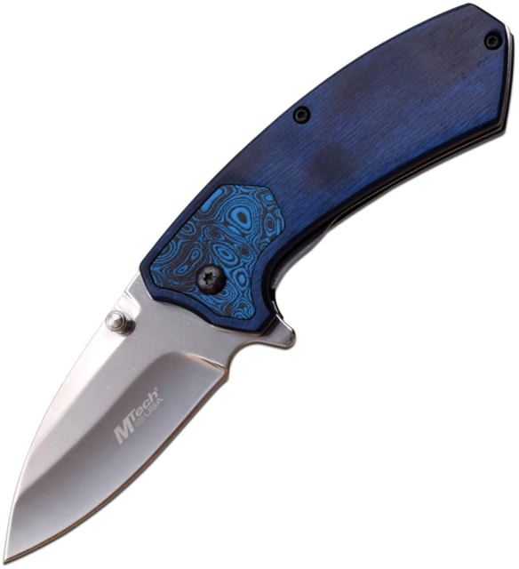 Mtech Linerlock A/O Blue Folding Knife 2.63" satin finish 3Cr13 stainless blade Blue pakkawood handle with Etched steel inlay - Mtech